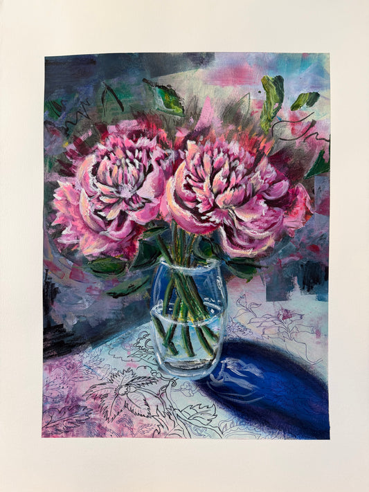 Peonies on a Patterned Table Cloth